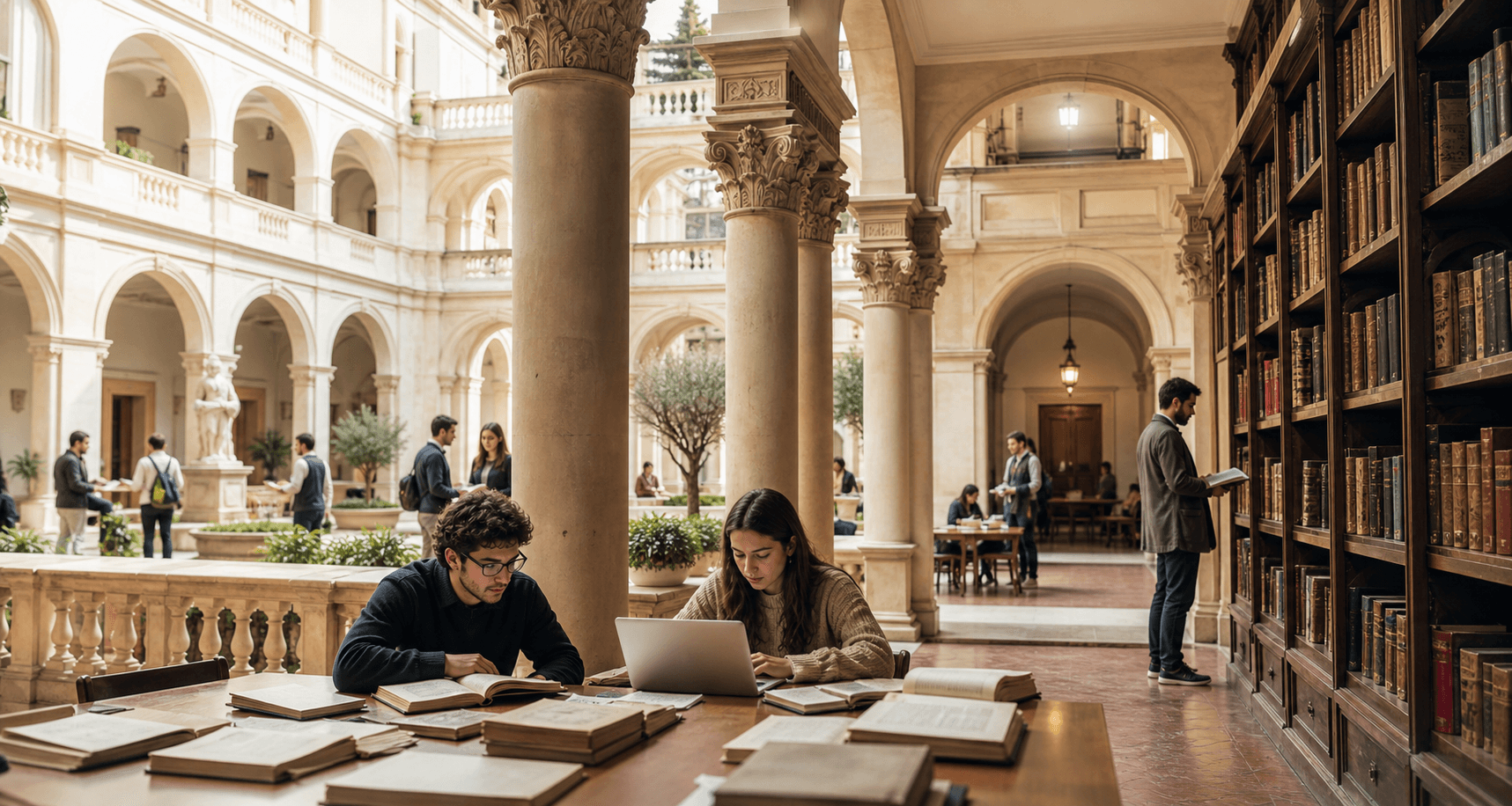 Students studying in a Catholic university library