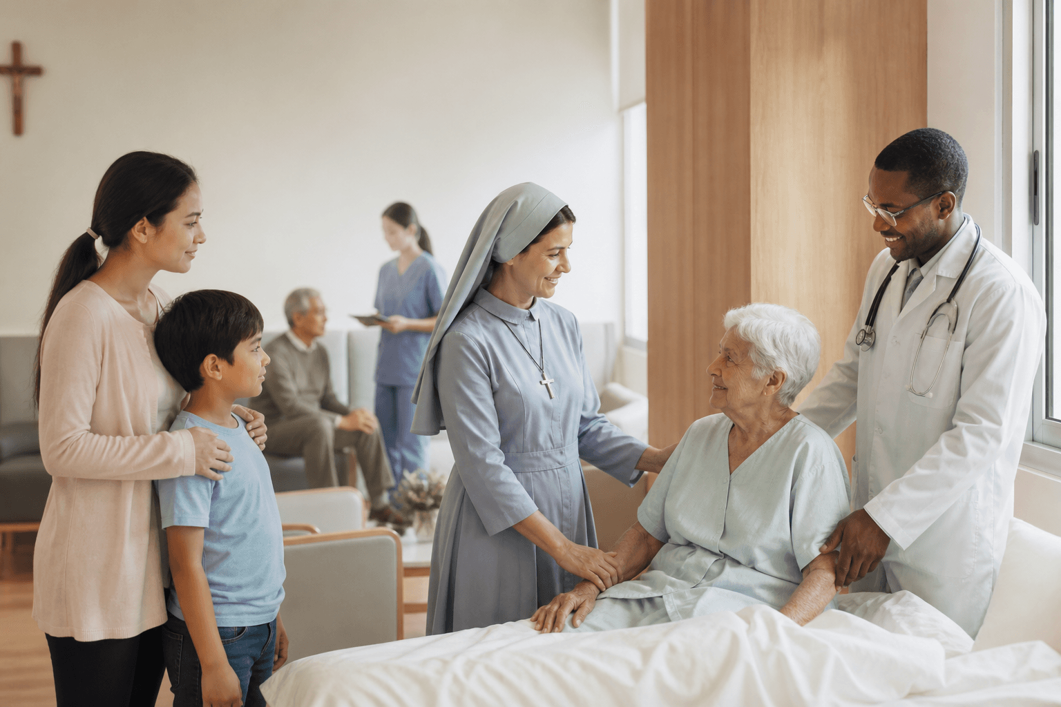 A Catholic sister and clinicians caring for a family and an elderly patient