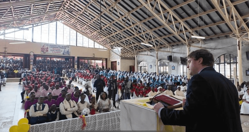 Addressing the community at St. Joseph the Worker Parish