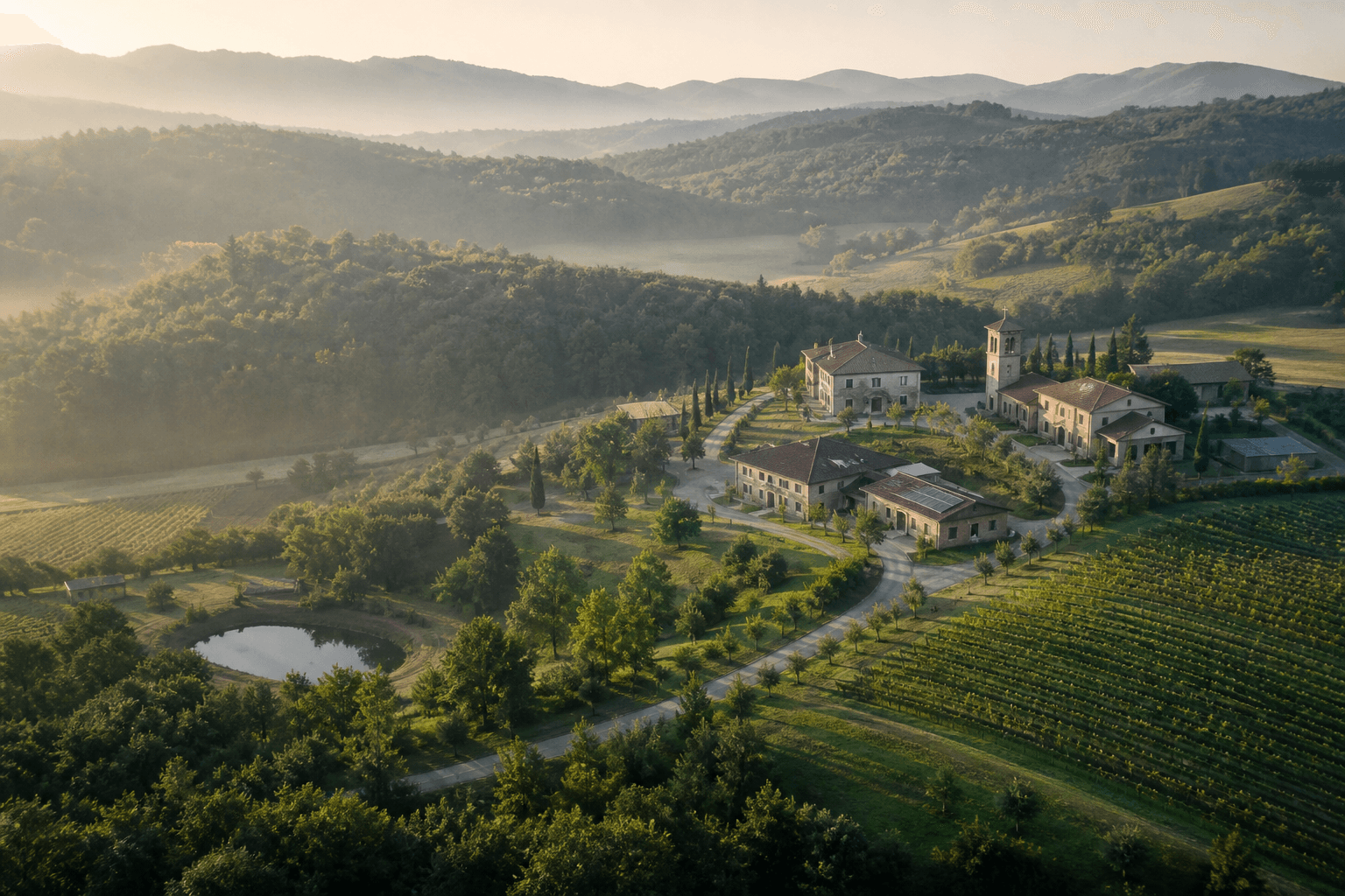 Catholic community buildings surrounded by cultivated land and forest