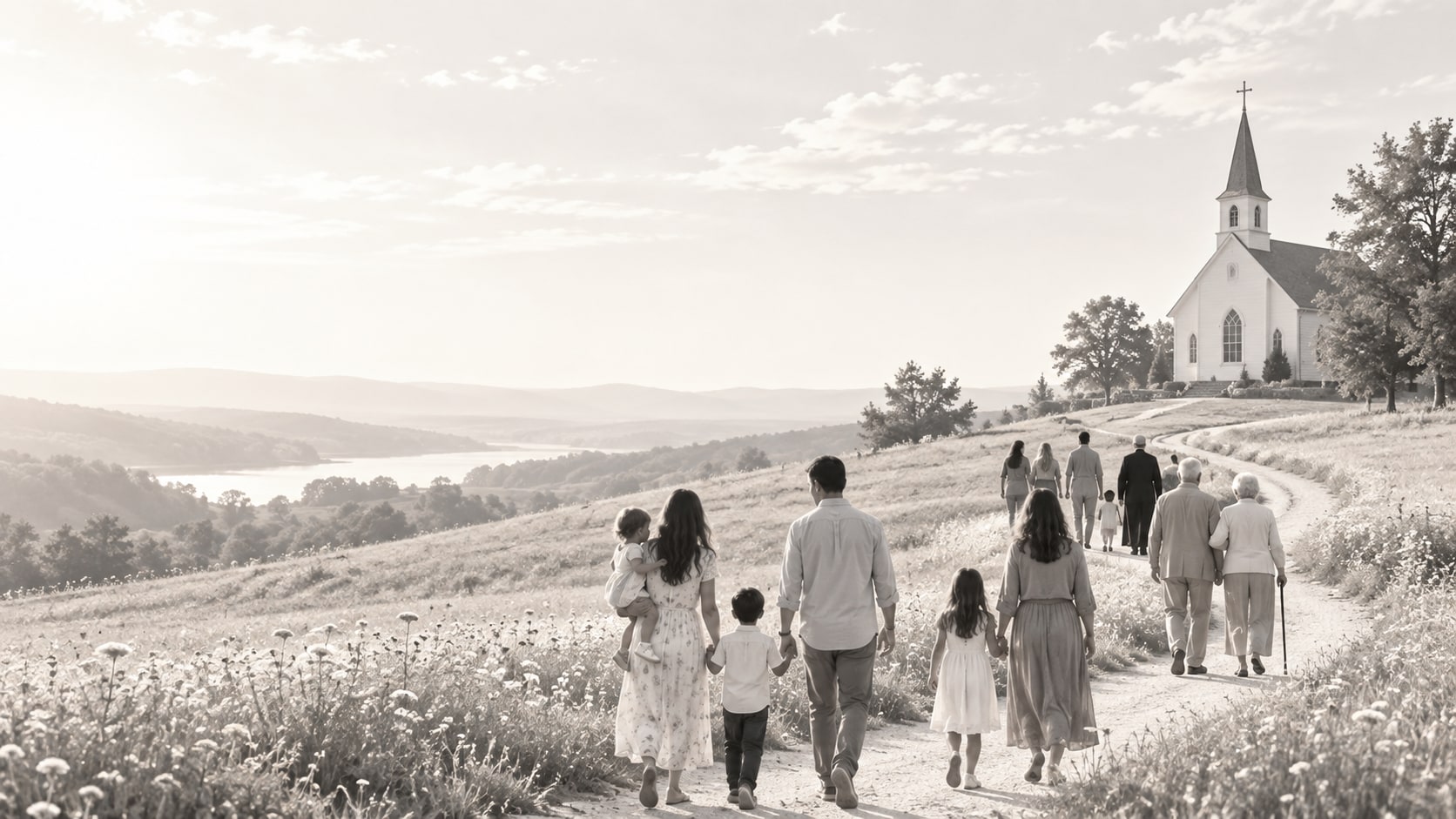 Families walking toward a country church