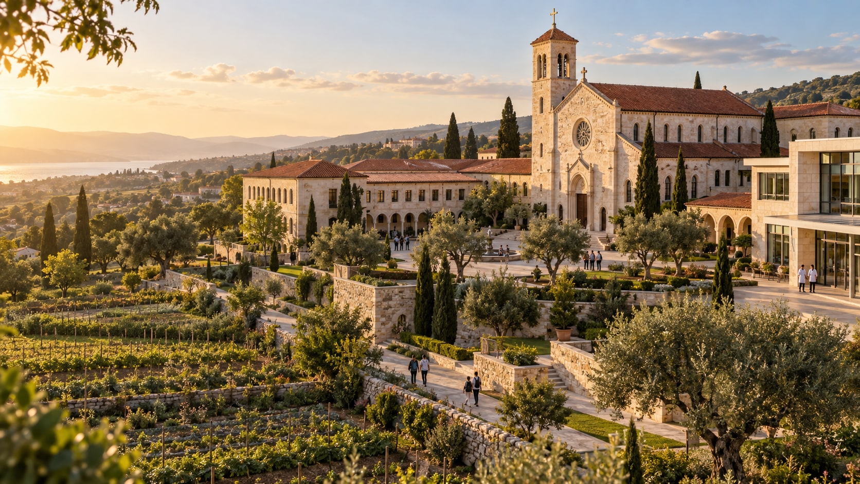 Illustrative Catholic campus with education, healthcare, and land